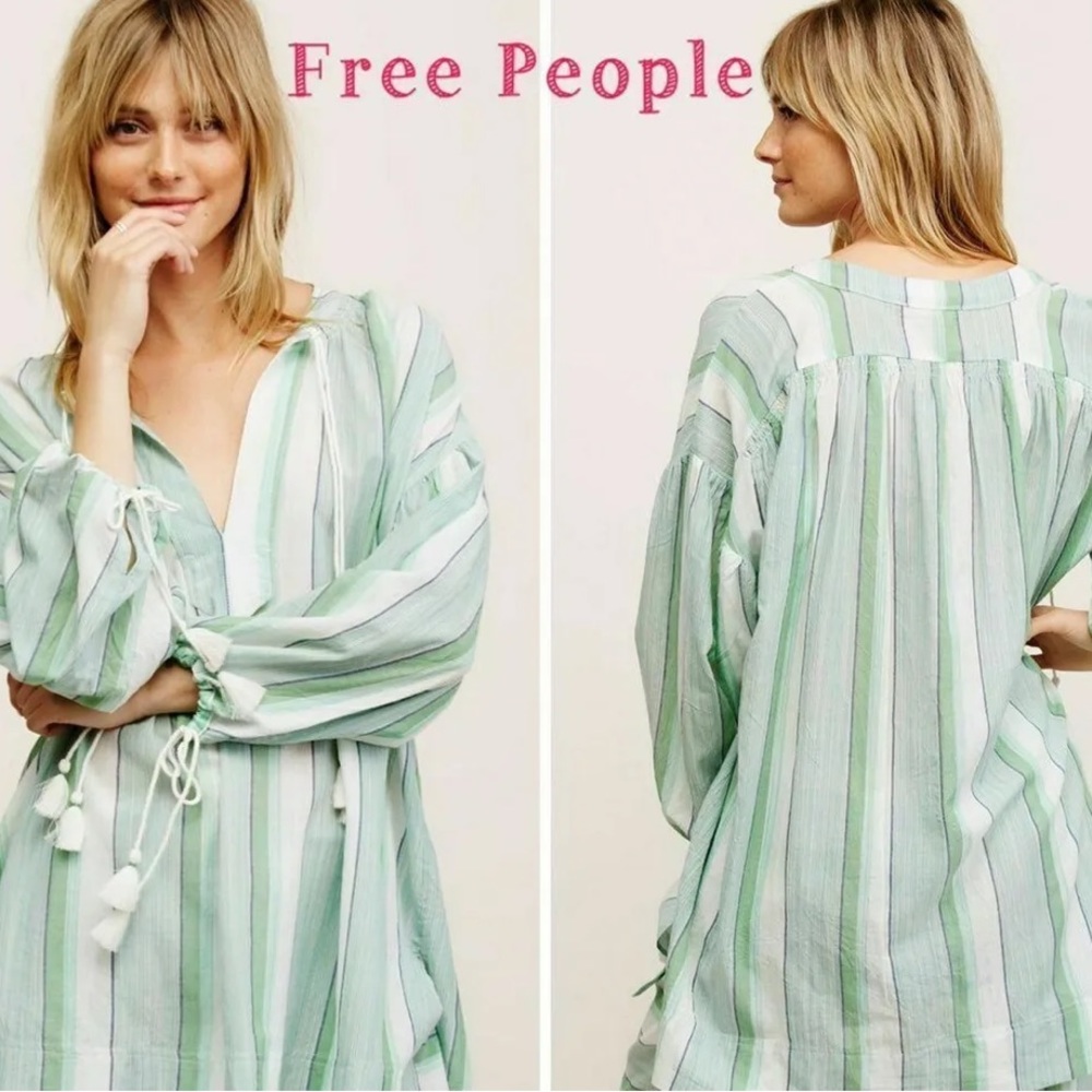 Free People Intimately Green Striped Tunic Coverup Shirt Tassels Size M